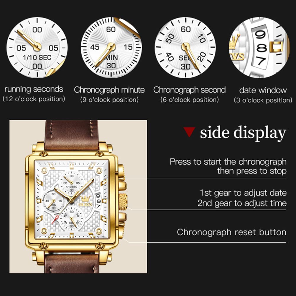 OLEVS Uhren für Herren, Quarz, multifunktional, Chronograph, modisch, lässig, Lederkleid, wasserdicht, leuchtend, luxuriös, quadratisch, Business-Armbanduhr