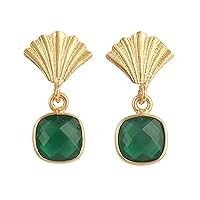 Guntaas Gems Faceted Cut Green Quartz With Fancy Leaf Brass Yellow Gold Plated Bezel Set Stud Earrings