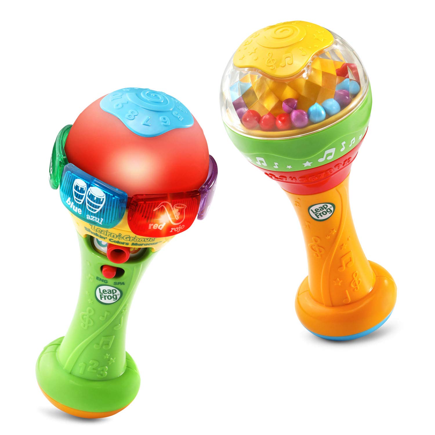 LeapFrog Learn & Groove Shakin' Colors Maracas includes One electronic maraca, one non-electronic maraca, Parent's Guide, Multicolor