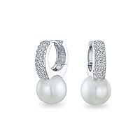 Elegant Vintage Bridal Jewelry - Milgrain Crown Pave CZ Half Mini Hoop White Glass Ball Pearl Drops Earrings for Women with Omega Back, Exquisite Silver Plated
