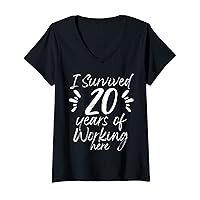 Womens 20 Years Work Anniversary Funny Survived Employee Colleague V-Neck T-Shirt