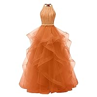 Women's Halter Prom Dresses Crystal Tiered Tulle Long Formal Evening Party Cocktail Ball Gowns