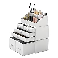 READAEER Makeup Organizer 3 Pieces Cosmetic Storage Case with 6 Drawers (White)