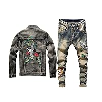 Men Vintage Red Crowned Crane Embroidered Hole Distressed Jackets + Embroidered Tiger Jeans 2 Piece Set