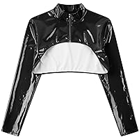 Women's Metallic Mock Neck PU Leather Crop Jacket Shrug Cut Out Long Sleeve Super Crop Coat