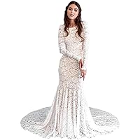 Women's Lace Backless Boho Church Wedding Dresses for Bride Long Sleeves Train Beach Bridal Ball Gowns