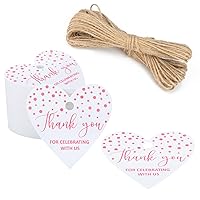 G2PLUS 100PCS Thank You Gift Tags, Heart Shaped Thank You Tags, Thank You for Celebrating with Us Tags, Pink Thank You Tags, White Paper Heart Tags with String for Valentines, Wedding Party Favor