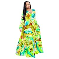 Women's Chiffon Print Lace Up Dress Loose Beach Long Sleeve High Waist Commuter Maxi Dress Fall