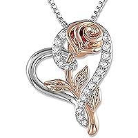 Created Round Cut White Diamond 925 Sterling Silver 14K Two-Tone Gold Over Heart Rose Pendant Necklace for Women's & Girl's