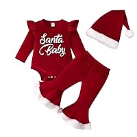 Engofs Newborn Baby Girl Christmas Outfit My First Christmas Romper Bell Bottoms Pants Outfit with Hat Christmas Clothes Red 0-3 Months