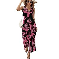 Pink Ribbon Keep Smiling Women's V Neck Maxi Dress Sleeveless Summer Long Tank Dress High Waist Ankle Length Sundress