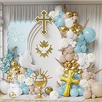 First Communion Dusty Blue Balloon Garland Arch Kit for Boys God Bless Confirmation Baptism Decoration, Mist Blue Gold White Balloons with Cross Dove Balloon Birthday Party Christening Baby Shower