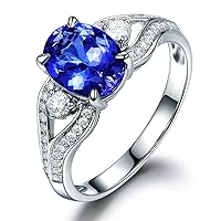 Fantastic Solid 14K White Gold Engagement Wedding Ring 6x8mm Oval Tanzanite Natural Diamond For Women