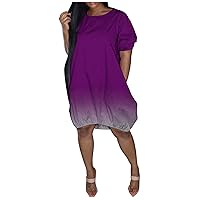 Women's Casual Dress Gradient Color Crewneck Loose Fit Baggy Knee Length Short Sleeve Midi Dress Shirt Dress