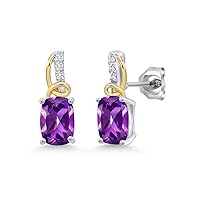 Gem Stone King 925 Silver and 10K Yellow Gold Purple Amethyst and White Moissanite Stud Earrings For Women (1.85 Cttw, Gemstone February Birthstone, Cushion 7X5MM)