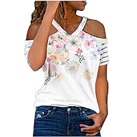 White Shirts for Women with Ribbon Women's V Neck Short Sleeve T Shirt Off The Shoulder Sexy Top Floral Printe