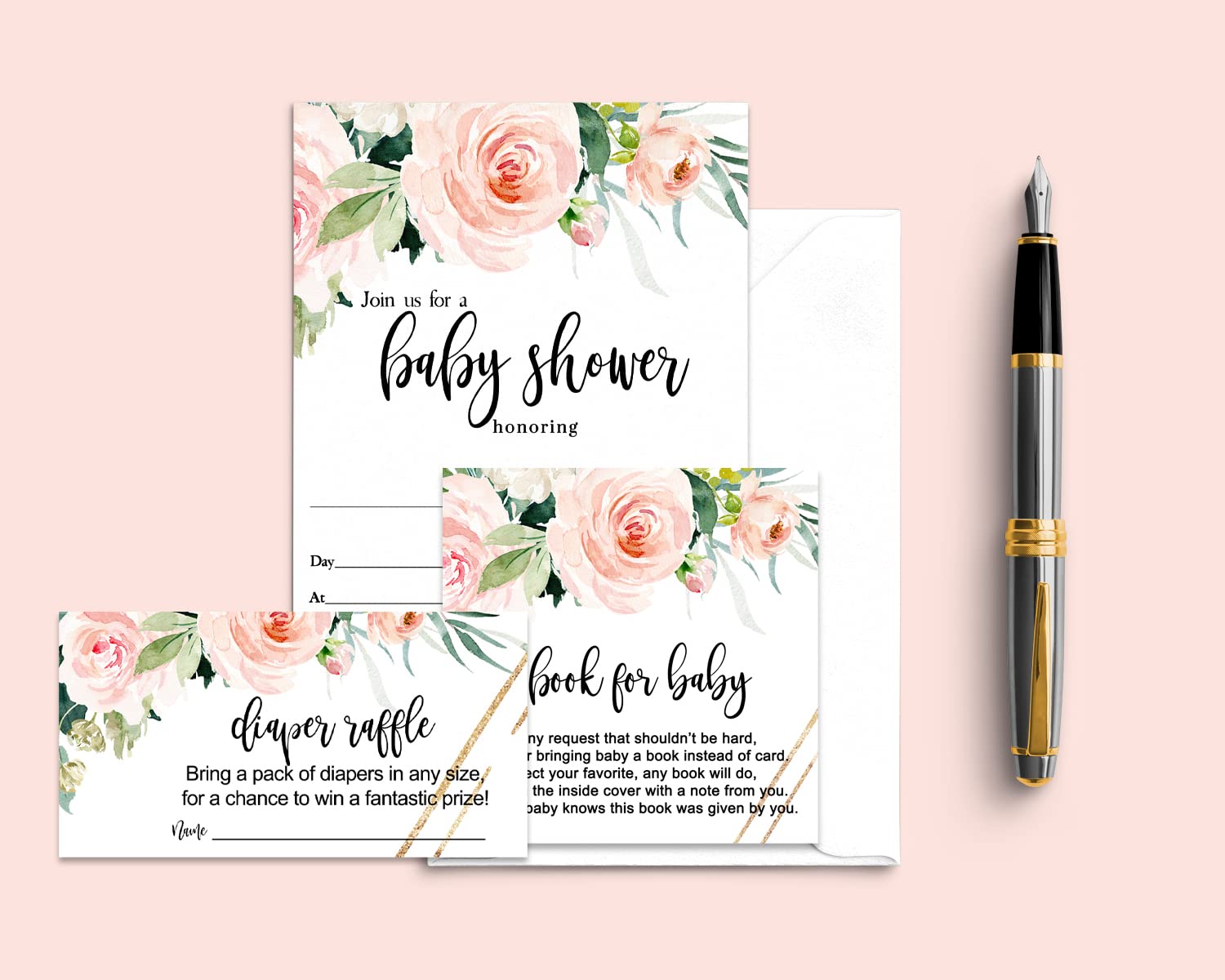 Graceful Floral Baby Shower Bundle (25 Guests) Pack Includes Diaper Raffle Insert, Bring a Book Cards, Blank Invites and Envelopes – Rustic Theme Pink and Gold – Perfect for Girls Printed Kit
