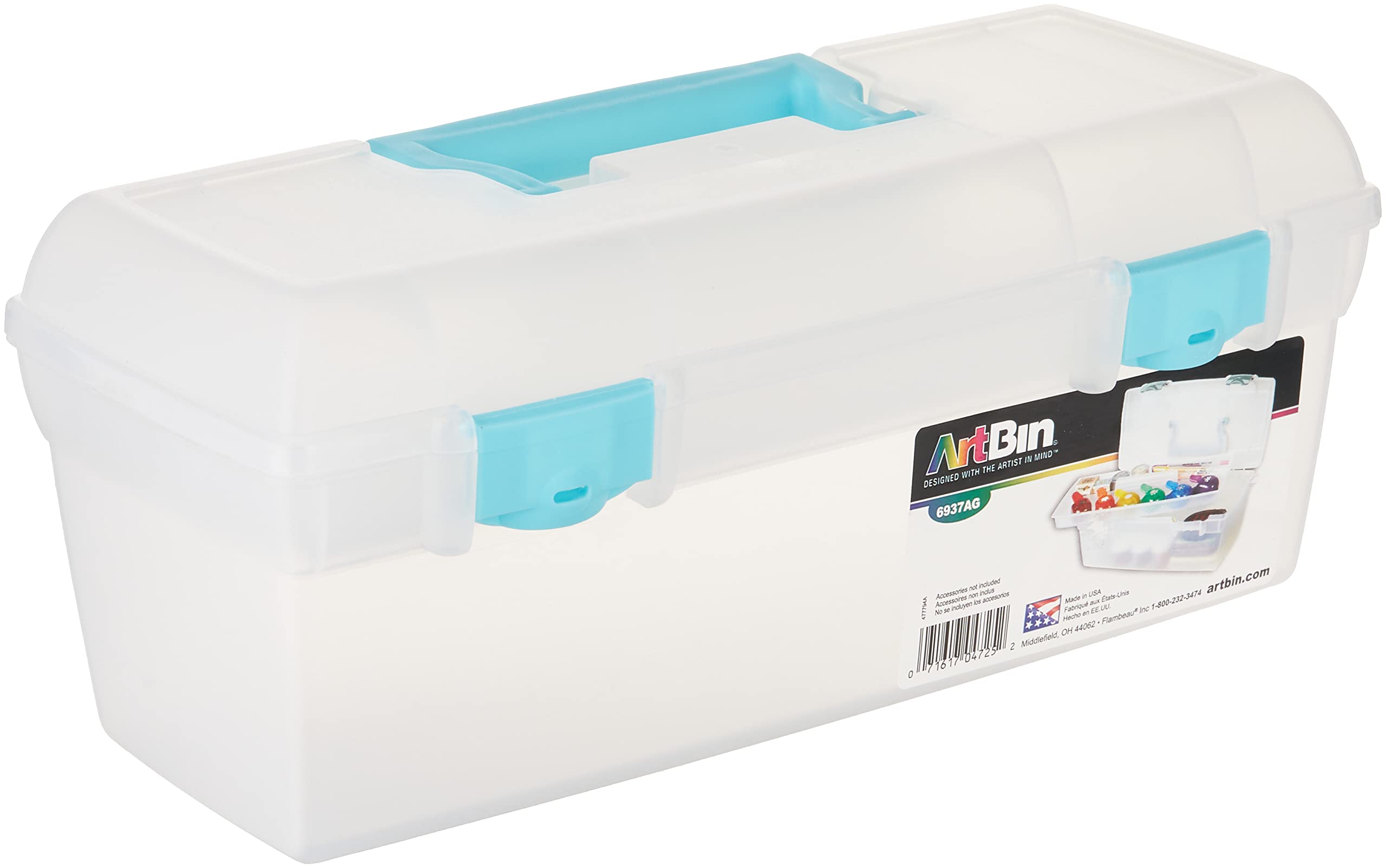 ArtBin 6937AG Essentials Lift-Out Tray Box, Portable Art & Craft Organizer with Handle and Tray, Clear/Aqua
