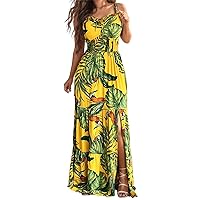 Sage Dress,Women's Summer Beach Skirt Casual Print Strap Split Ruffle Dress Womens Sleeveless Maxi Dress