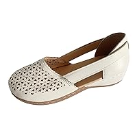 Flats Heel Sandals For Women Leather Elastic Strap Carved Wedges Casual Sandal Lightweight Breathable Roman Shoes White, 8.5