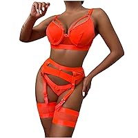 Women's Mesh Underwire Strappy Garter Belts Lingerie Sets 3 Piece Cut Out Bra and Panty Set Lace Bralette Sheer Thong