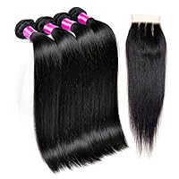 Queen Plus Peruvian Hair with Closure 4 Bundles 7a Unprocessed Virgin Peruvian Straight Human Hair Bundles With Lace Closure 3 Part (4×4) Human Hair Weave Hair Extensions(18 18 20 20 with 16)
