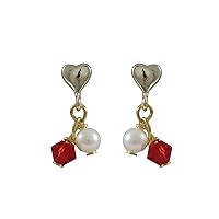 Gold Finish Red Swarovski Crystals Faux Pearls Heart Girls Earrings