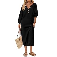 MEROKEETY Women's 2023 Long Sleeve Button V Neck Sweater Dress Casual Fall Loose Knit Maxi Dress