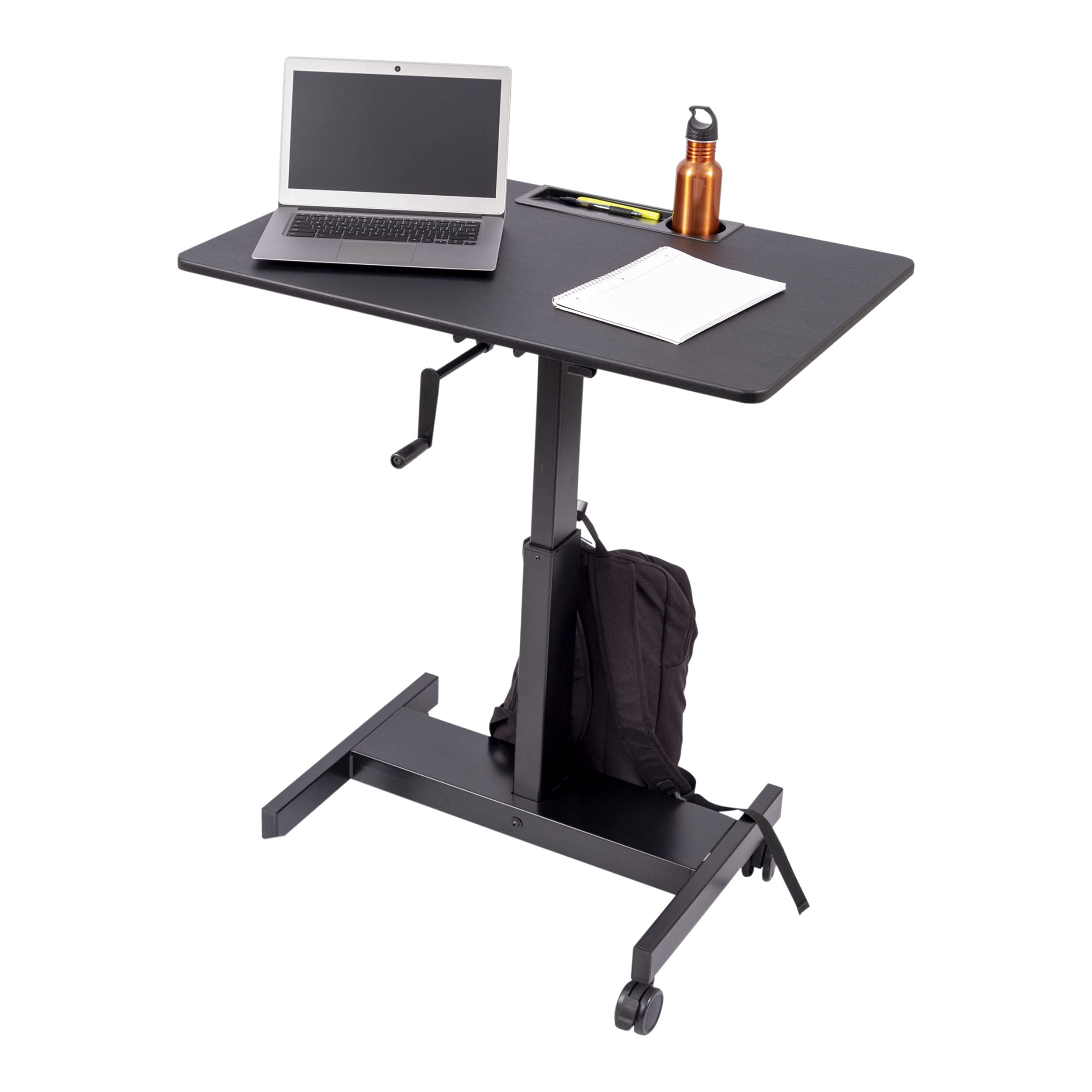 S STAND UP DESK STORE Crank Adjustable Height Single Column Rolling Mobile Standing Desk (Black Frame/Black Top, 36 inch Wide)