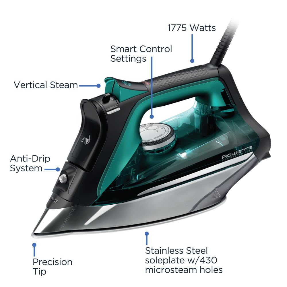 Rowenta Pro Master Stainless Steel Soleplate Steam Iron for Clothes 400 Microsteam Holes, Cotton, Wool, Poly, Silk, Linen, Nylon 1775 Watts Ironing, Garment Steamer, Powerful Steam DW8360