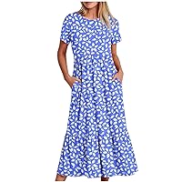 Short Sleeve Dresses for Women Summer Fall Crewneck Maxi Long Loose Fit Ruched Dresses Women 2024 Trendy Y2K