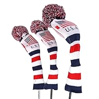 3PCS Knitted Golf Head Covers for Driver and Fairway Woods American USA Flag Pattern with Long Neck Design White Red and Navy Blue Sock Pom Pom Golf Club Patriotic Head Covers Set