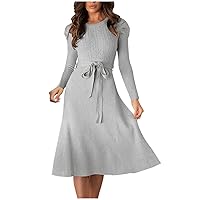 Women's Fall Winter Belted Sweater Dress Puff Long Sleeve Crewneck Slim Midi Dress Fashion Casual Solid A-Line Dress