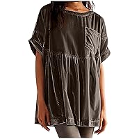 Womens Oversized Velvet Babydoll Tops Summer Short Sleeve Crewneck Tunic Shirts Cute Casual Loose Fit Solid Blouse