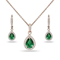 B. BRILLIANT Sterling Silver Genuine, Simulated Gemstone Halo Dainty Pear Teardrop Necklace & Earrings Jewelry Set for Women Girls with Gift Box, Metal, Emerald