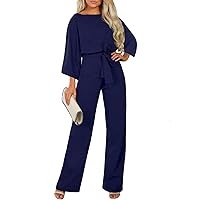 Happy Sailed Womens Loose 3/4 Sleeve Belted Wide Leg Pant Romper Jumpsuit Business Casual One Piece Outfits