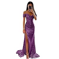 Basgute Sequin Mermaid Prom Dresses for Women 2024 Sparkly Long Off Shoulder V Neck Formal Evening Party Gown with Slit