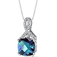 PEORA Created Alexandrite with Genuine White Topaz Open Infinity Pendant 14K White Gold, Color-Changing 3.50 Carats Cushion Cut 9mm, with 18 inch Chain