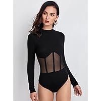 Women's Jumpsuit Stand Collar Mesh Insert Bodysuit Jumpsuit Decorall (Color : Black, Size : Large)