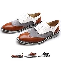 Men's Two Tone Patchwork Brogue Oxfords Shoes Fashion Classic Round-Toe Lace Up Low Top Leather Dress Shoes Hand Stitched Business Formal Derby Shoes