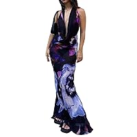 Womens Summer Long Sling Dress Sleeveless Backless Sheer Tie Dye Print Maxi Dress Clubwear Night Out Dresses