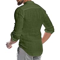 Dudubaby Men's Linen Long-Sleeved Casual Shirt Collarless Standing Collar Summer Top