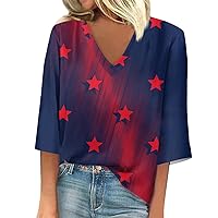 Womens Patriotic Tank Tops, 3/4 Sleeve V-Neck Cute Shirts Casual Print Trendy Tops Three Guarter Length T Shirt Summer Tops