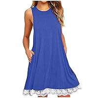 Summer Dress for Women Round Neck Lace Trim Tunic Dress Sleeveless A-Line Babydoll Beach Dress Flowy Mini Sundress