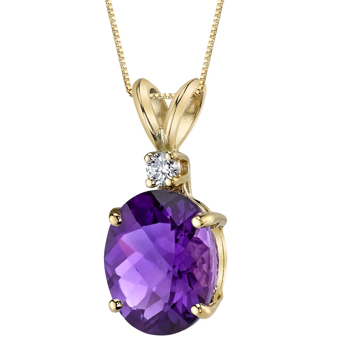 Peora Amethyst with Genuine Diamond Pendant in 14K Yellow Gold, Elegant Solitaire, Oval Shape, 10x8mm, 2 Carats total