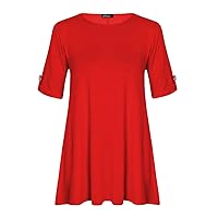Forever Womens Plus Size Turn up Button Sleeves Swing Dress (S/M = 6/8, Red)