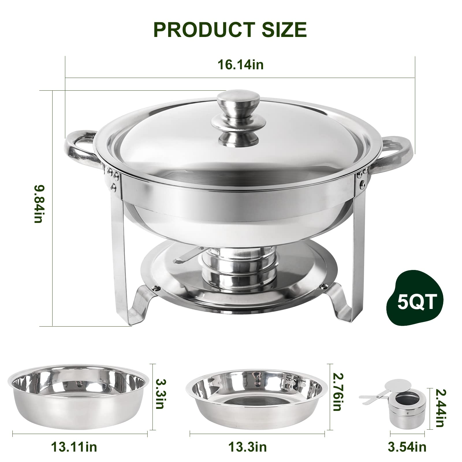 IMACONE Chafing Dish Buffet Set of 2 Pack, 5QT Round Stainless Steel Chafer for Catering, Upgraded Chafers and Buffet Warmer Sets with Food & Water Pan, Lid, Frame, Fuel Holder for Event Party Holiday
