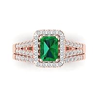 Clara Pucci 1.60ct Emerald Cut Halo Solitaire Simulated Emerald Engagement Promise Anniversary Bridal Ring Band set 18K Rose Gold