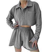 Women's Two Piece Outfits Tracksuit Button Lapel Long Sleeve Sweatshirt High Waist Sweat Shorts Set Y2K Sweatsuit