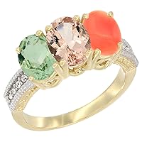 Silver City Jewelry 14K Yellow Gold Natural Green Amethyst, Morganite & Coral Ring 3-Stone 7x5 mm Oval Diamond Accent, Sizes 5-10